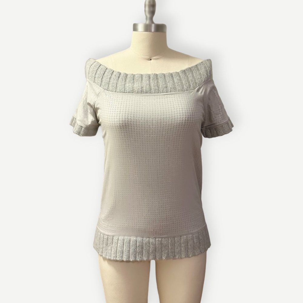Alice + Olivia Off-the-Shoulders Silk + Angora Grey Sweater Knit Sequins Top S